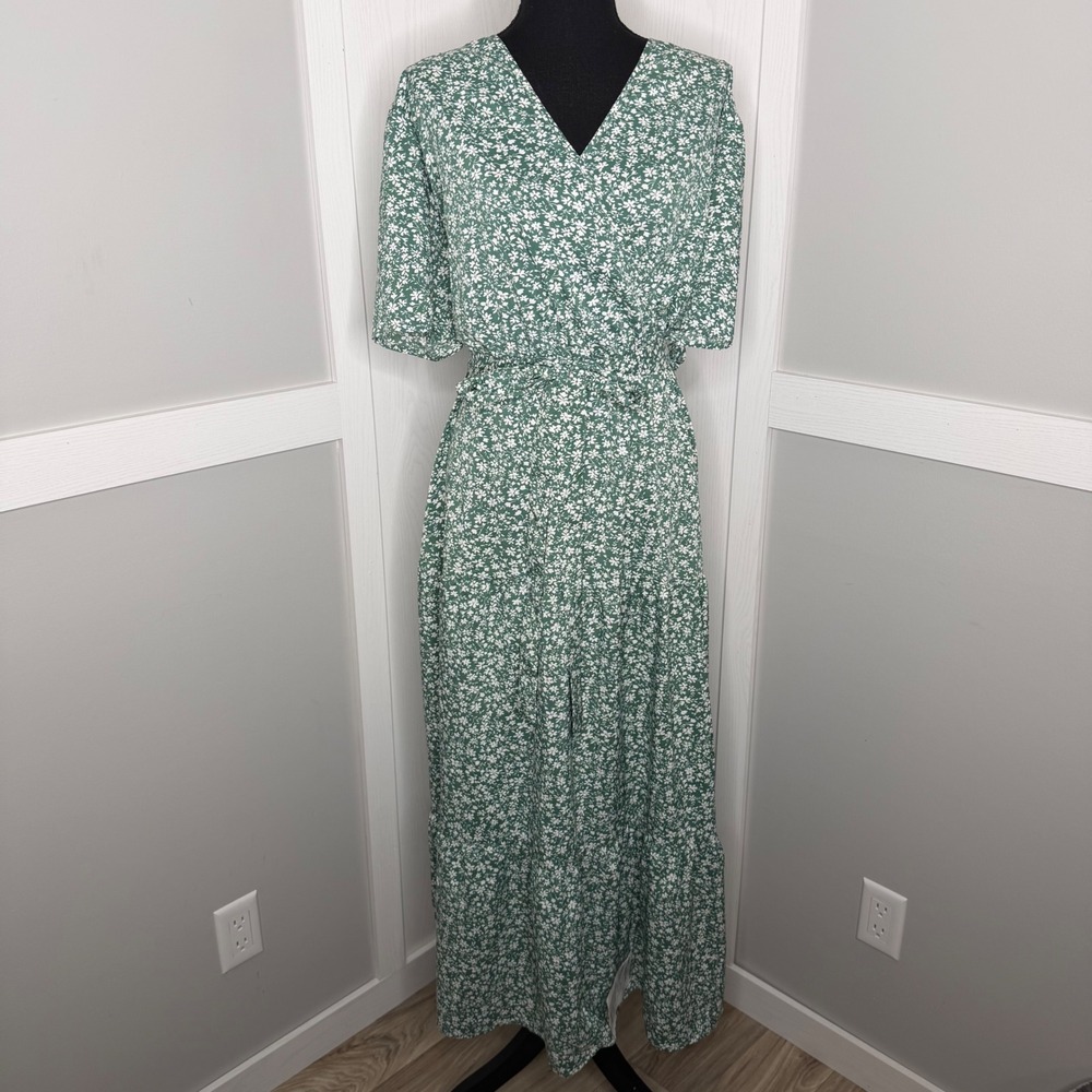Kohl's Maxi Dress Women 4X Green Floral Short Sleeve Wrap Tiered NWT